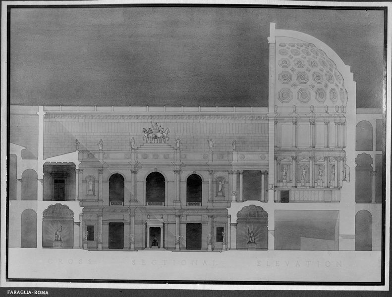 006434 - elaborato grafico - Stadio di Domiziano, lato orientale con il palco imperiale, sezione trasversale con ricostruzione grafica dell'elevato di R.P. Cummings . Neg. serie Faraglia
