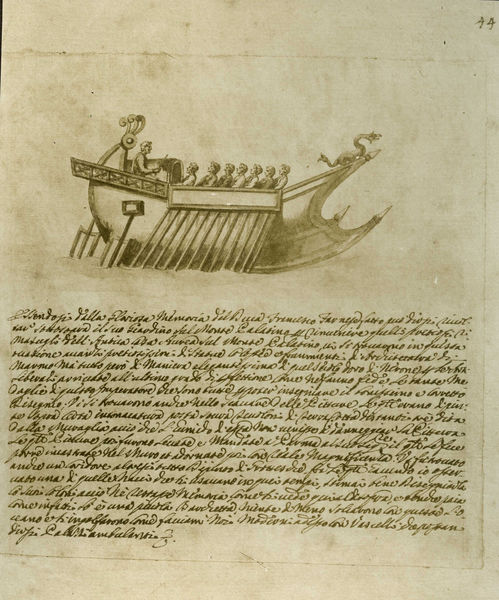 001591 - elaborato grafico - Megalografia (quadro a soggetto mitologico) raffigurante lo sbarco di Paride ed Elena da un quadrireme. Quattro distinti individui, attorno al parasole conino, si muovono e manovrano la scala alle spalle dei due giovani. A sinistra sulla costa rocciosa e alberata, vi Ã¨ collocato un faro in miniatura. Disegno risalente al XVIII secolo. Bibliografia di riferimento: Iacopi, I. "Aula Isiaca" 1997 Electa  pp. 17- 23