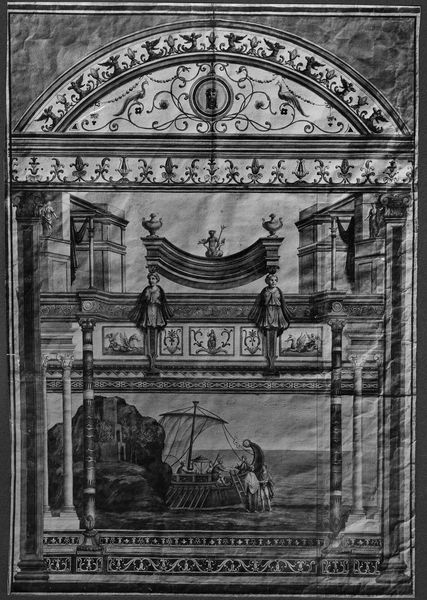 001596 - elaborato grafico - Aula Isiaca, parete di fondo tagliata dal muro curvilineo, conserva la decorazione per circa la quarta parte, per una fascia che scende dalla lunetta al pavimento. La decorazione Ã¨ fortemente corrosa. Ricostruzione grafica della parete, collezione Eton-Mahog Case nÂ°4 risalente al XVIII secolo. Si colloca nella fase finale del II stile pompeiano. 