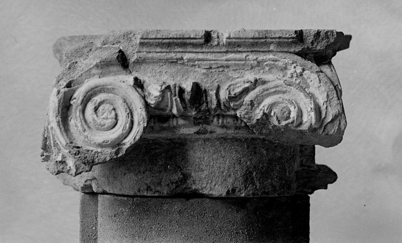 001848 - reperto - Casa dei Grifi,  capitello ionico di colonna ritrovato durante gli scavi nella Casa dei Grifi. Visione frontale 

Neg. serie F nÂ°1649